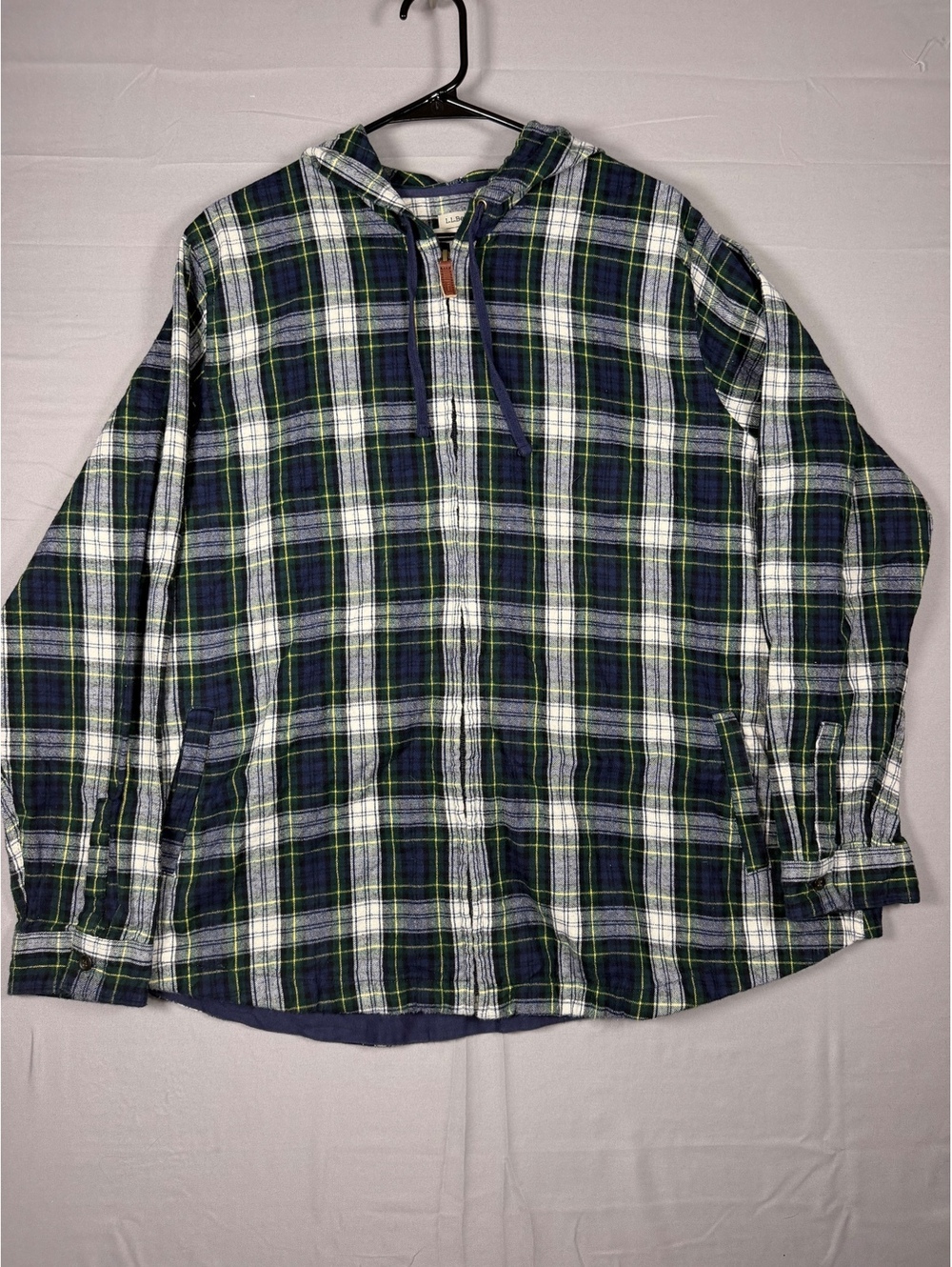 L.L. Bean Green Blue Plaid Relaxed Fit Cotton Flannel Full Zip Hoodie 2XL